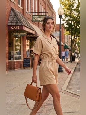 HASHTAG - TAN SAFARI/UTILITY STYLE SHORTS JUMPSUIT - DOUBLE BREASTED - ELEGANT